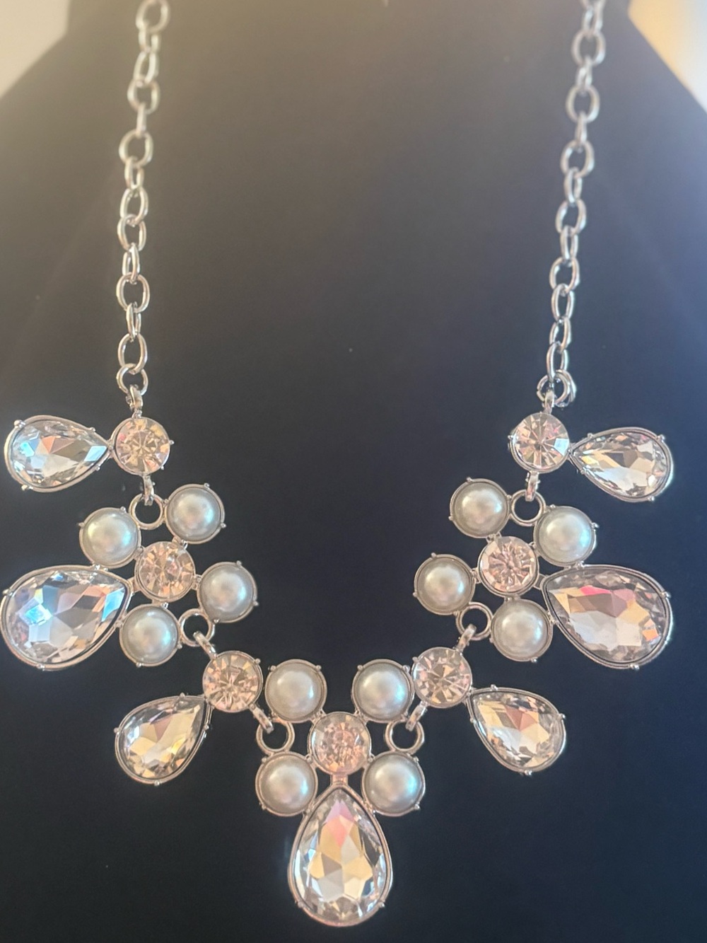 Crescent Pearl & Crystal Statement Necklace - Silver Tone
